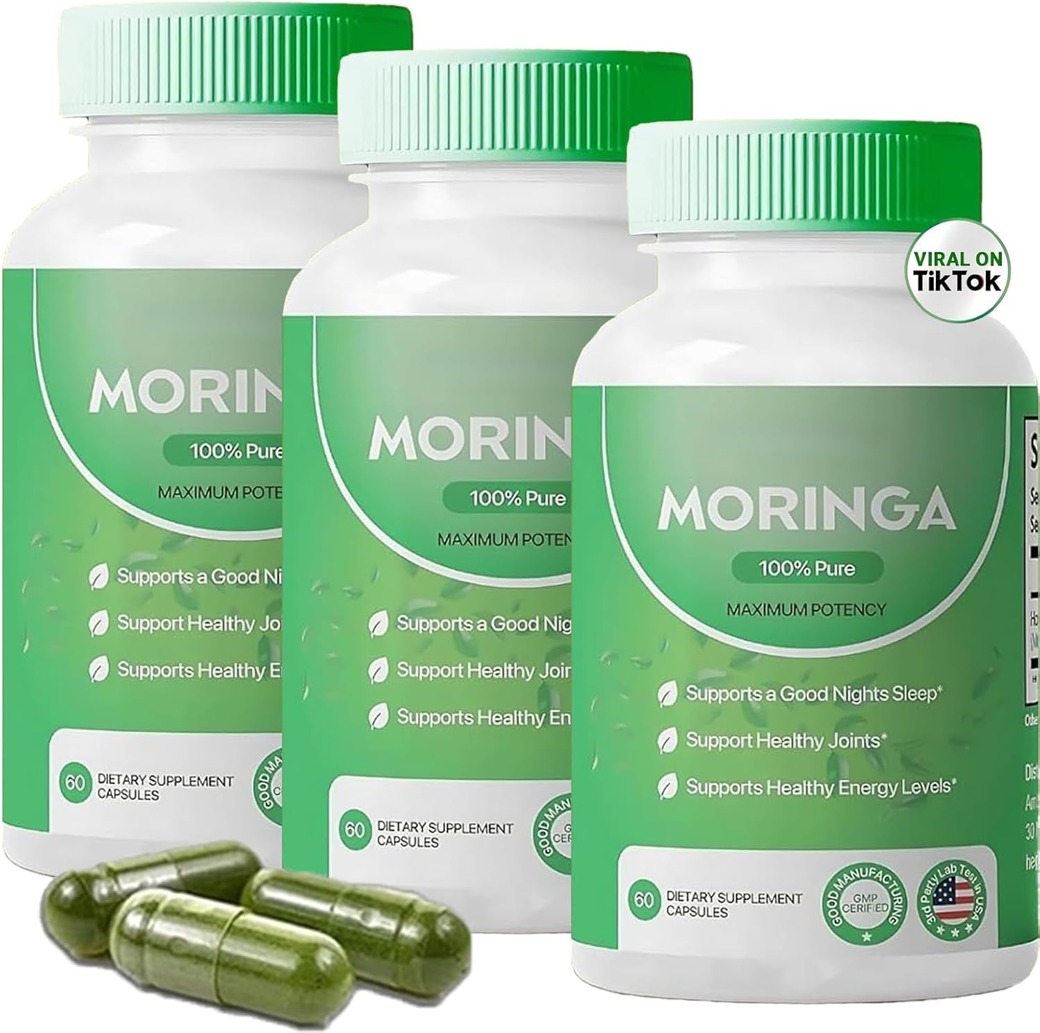 Nutrient-Rich Moringa Capsules - 800mg for Energy & Gut Health - Pure Moringa Powder (3pcs)