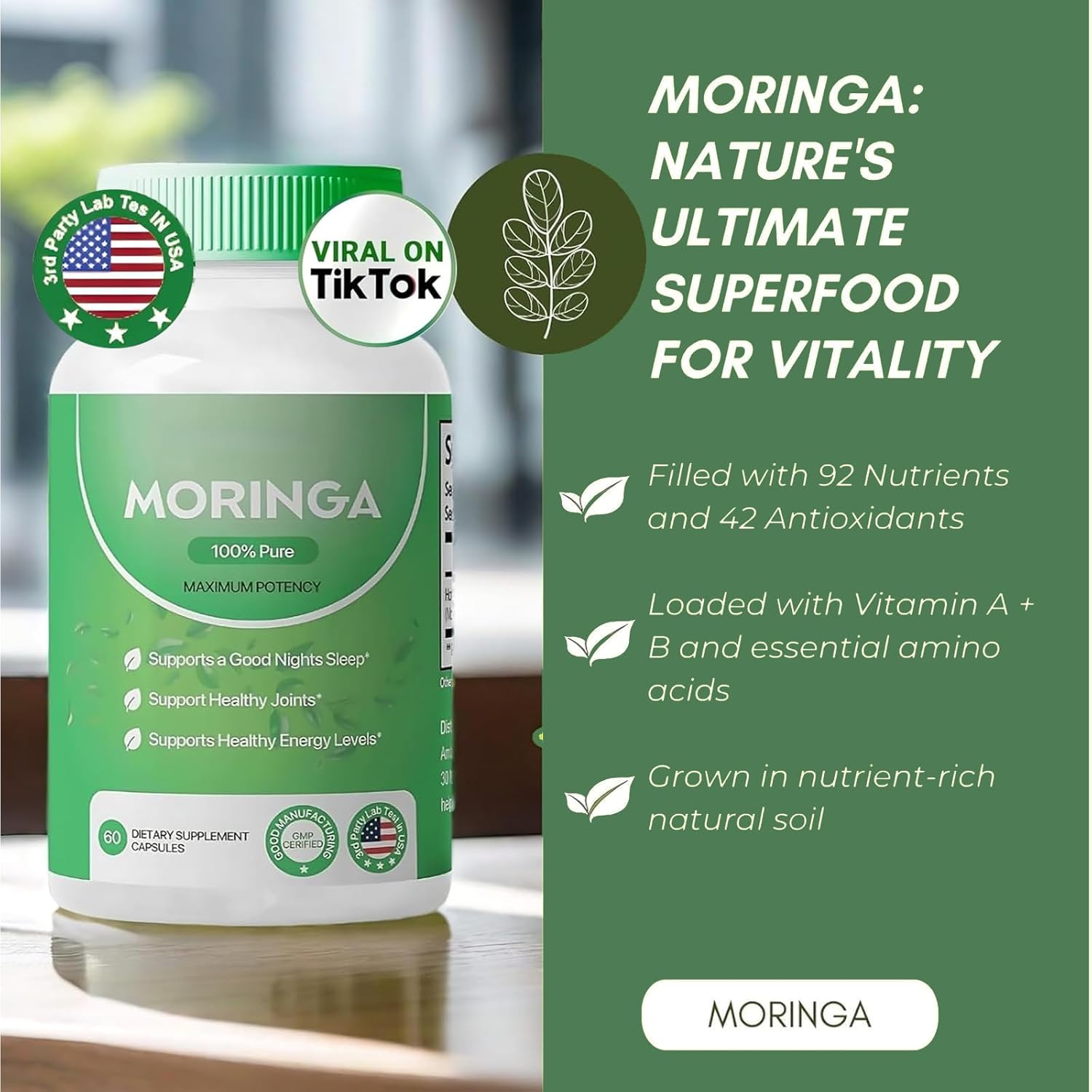 Nutrient-Rich Moringa Capsules - 800mg for Energy & Gut Health - Pure Moringa Powder (3pcs)