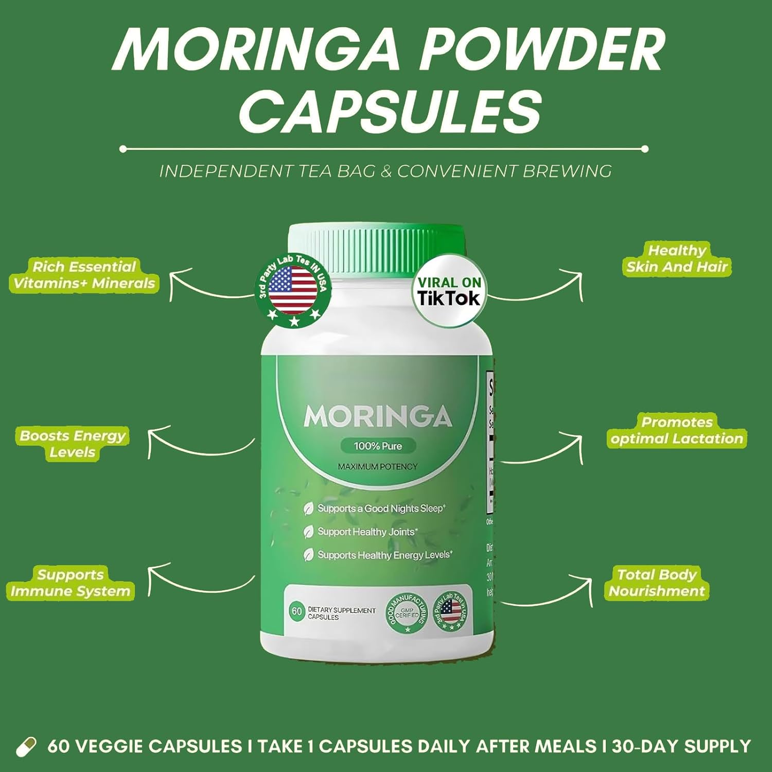 Nutrient-Rich Moringa Capsules - 800mg for Energy & Gut Health - Pure Moringa Powder (3pcs)