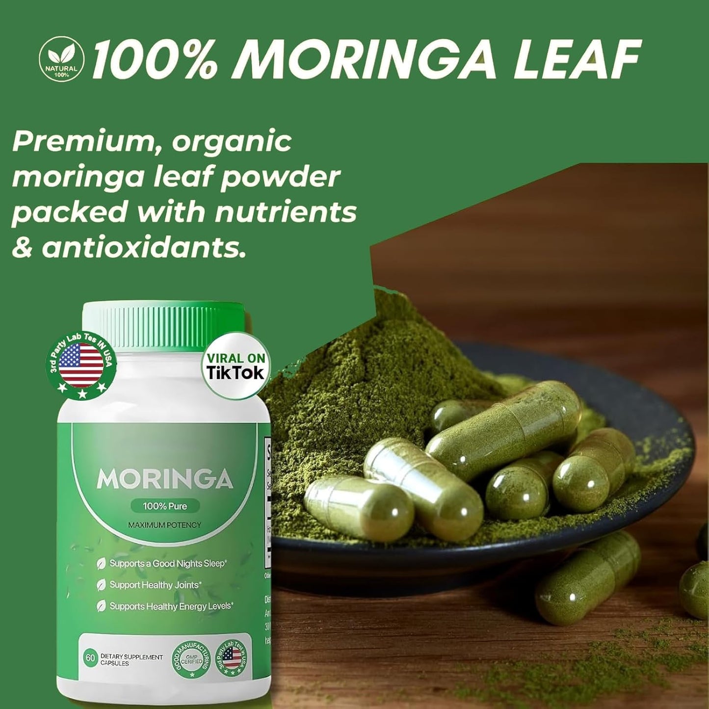 Nutrient-Rich Moringa Capsules - 800mg for Energy & Gut Health - Pure Moringa Powder (3pcs)