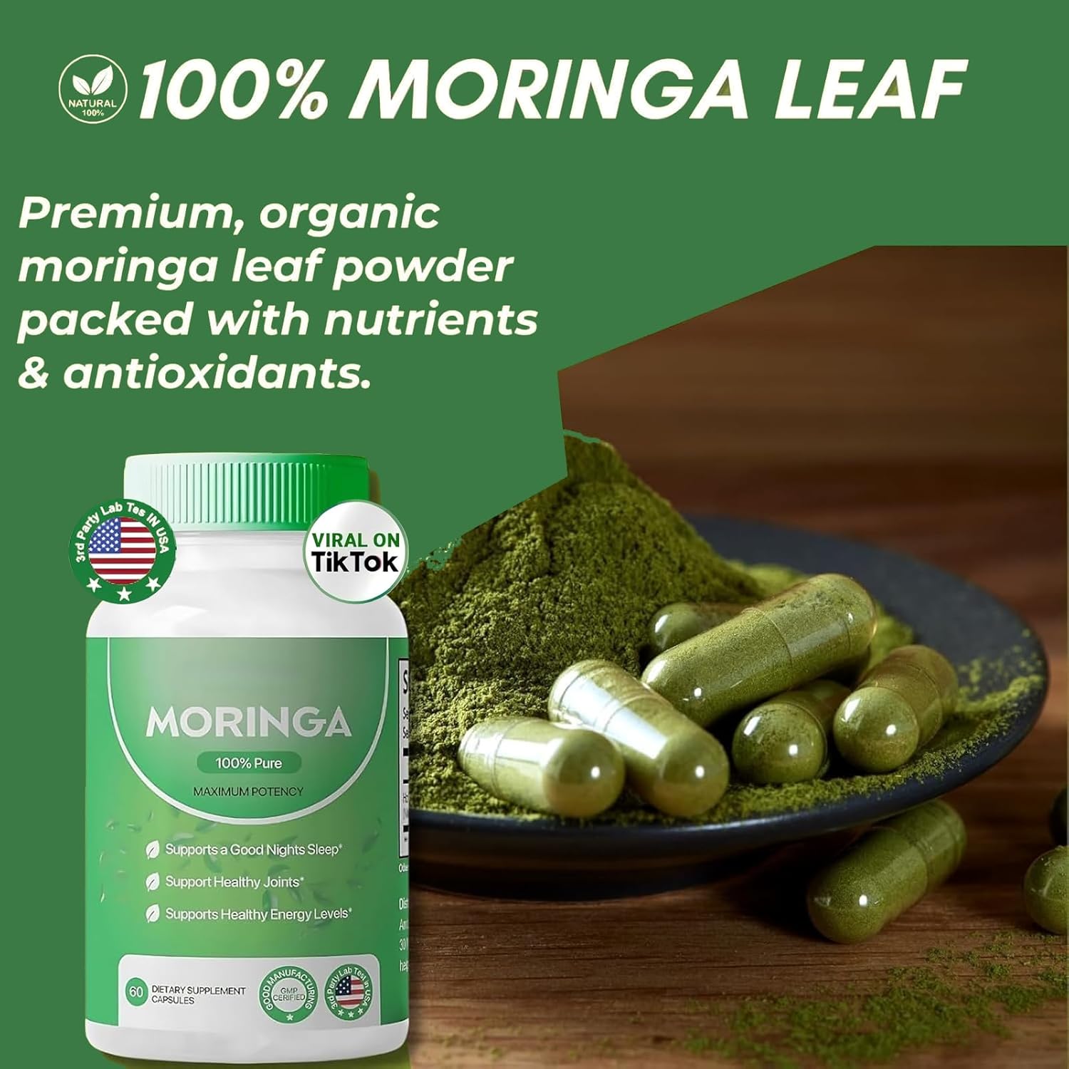 Nutrient-Rich Moringa Capsules - 800mg for Energy & Gut Health - Pure Moringa Powder (3pcs)