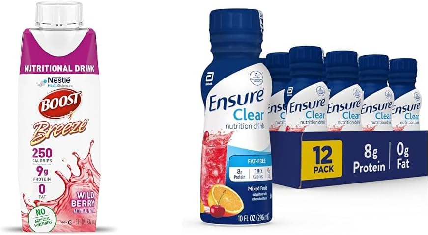 Nutrient-Rich Protein Drinks Variety Pack - Boost Breeze Wild Berry & Ensure Clear Mixed Fruit, Pack of 12, 8 fl oz & 10 fl oz