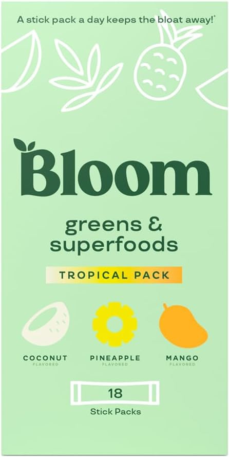 Nutrient-Rich Superfood Greens Powder Stick Packs with Digestive Enzymes, Probiotics, and Prebiotics for Gut Health and Bloating Relief in Women - Tropical Variety, 18 Servings