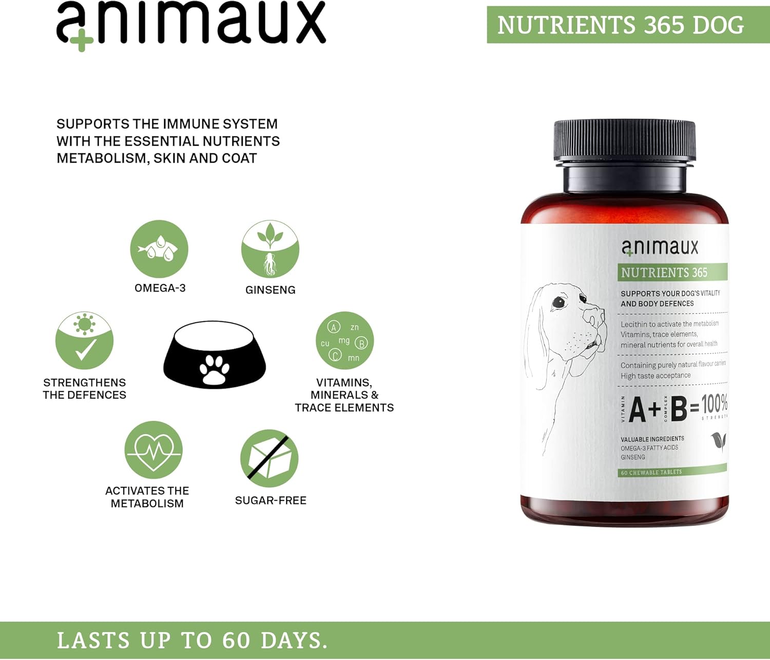 Nutrients 365 for Dogs: All-Natural Vitamins for Immune Health, Skin & Coat, Raw-Feeding Support - 60 Chewable Tablets