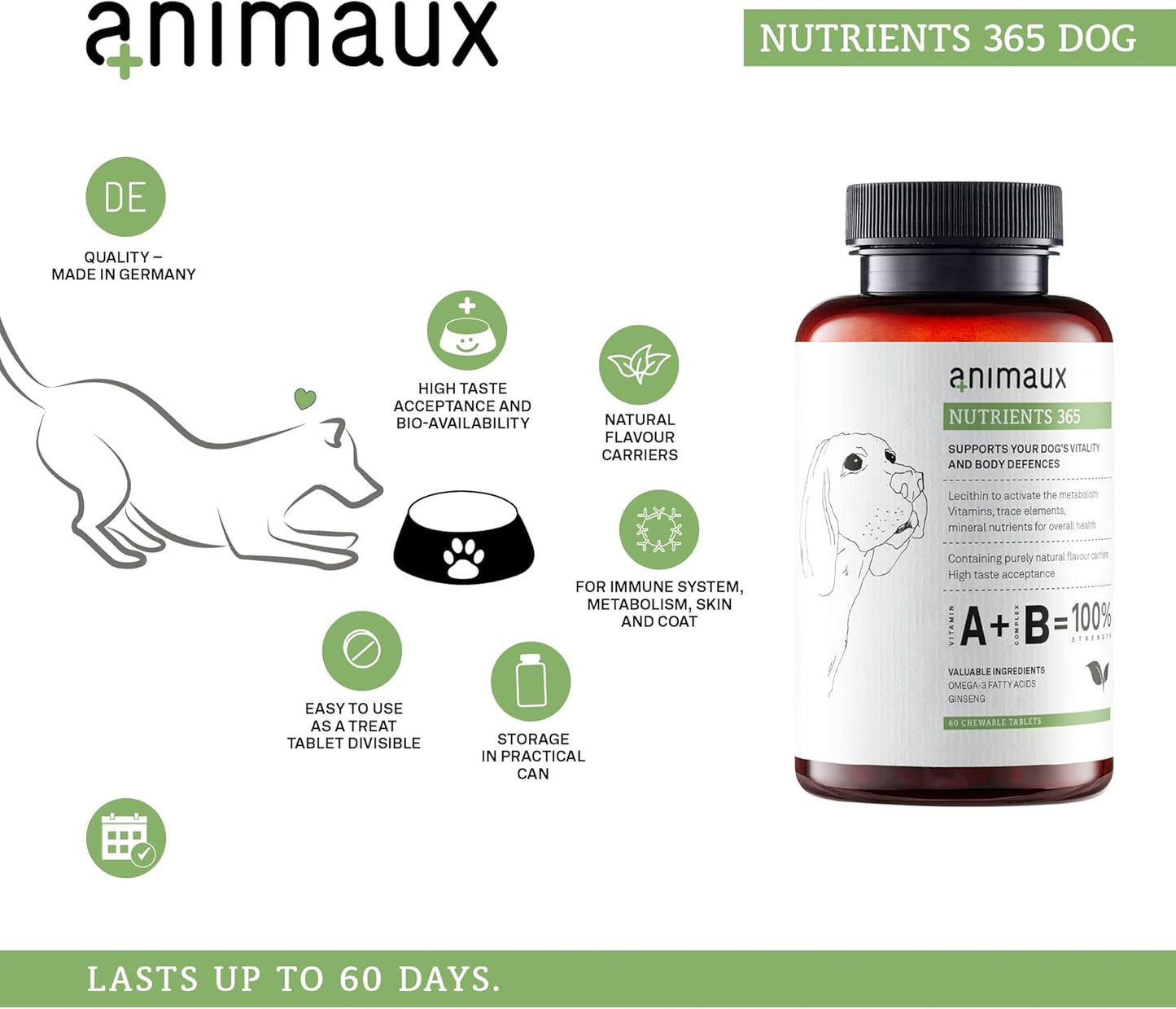 Nutrients 365 for Dogs: All-Natural Vitamins for Immune Health, Skin & Coat, Raw-Feeding Support - 60 Chewable Tablets