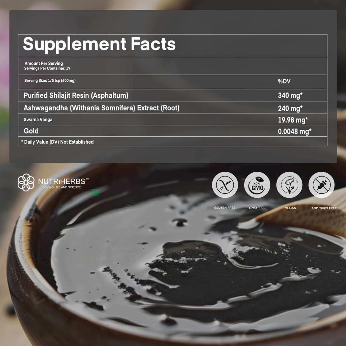 Nutriherbs Himalayan Shilajit Resin Ashwagold 600mg Wellness Supplement - Pure Himalayan Organic, Ashwagandha, Gold Powder - Promotes Vitality - 10g