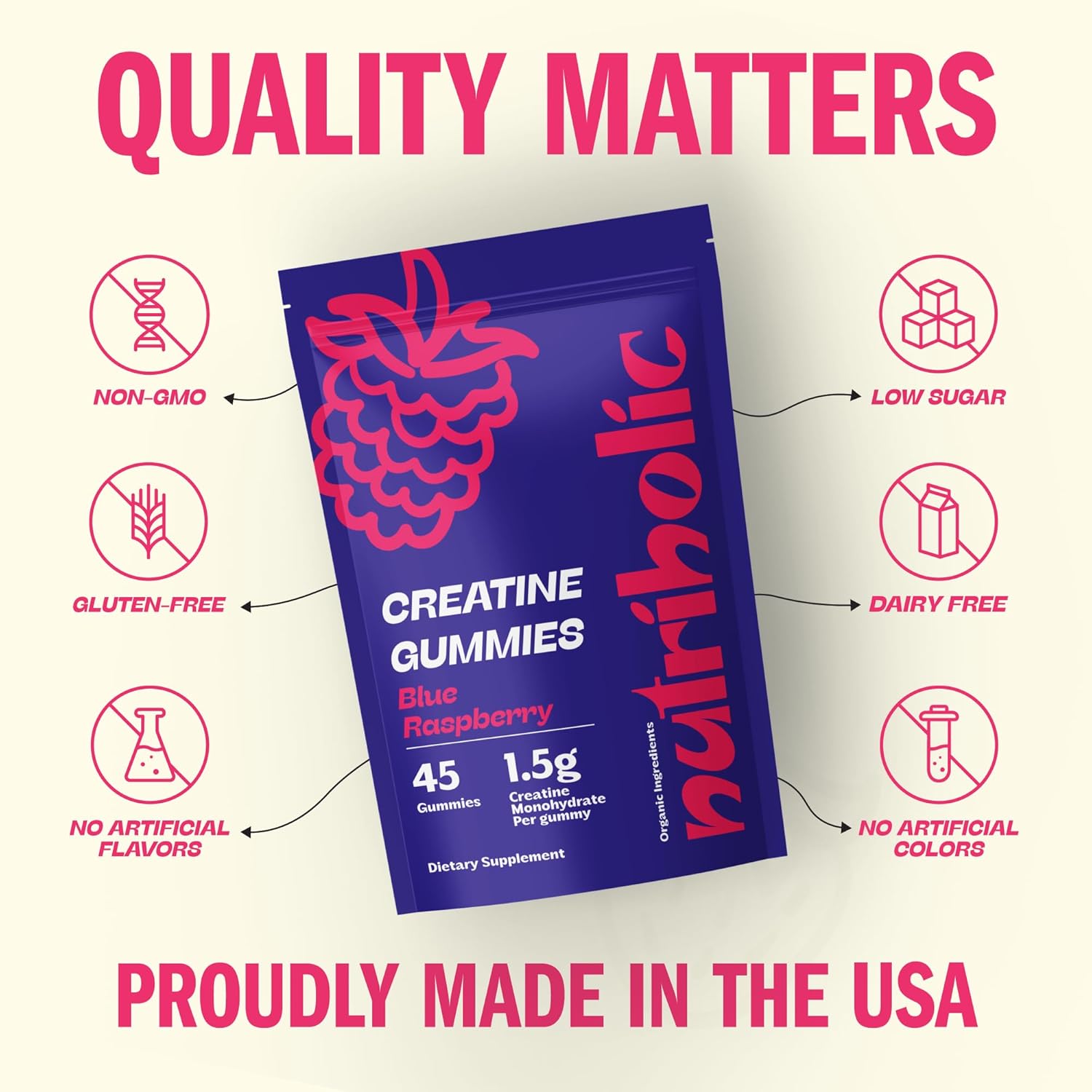 Nutriholic Vegan Creatine Gummies for Men and Women - Gluten-Free, Non-GMO, 1.5g Creatine per Gummy - 45ct Blue Raspberry