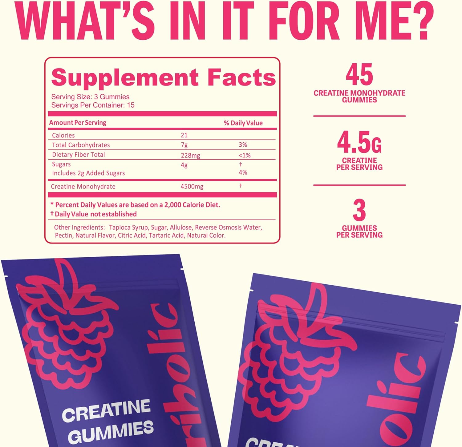 Nutriholic Vegan Creatine Gummies for Men and Women - Gluten-Free, Non-GMO, 1.5g Creatine per Gummy - 45ct Blue Raspberry
