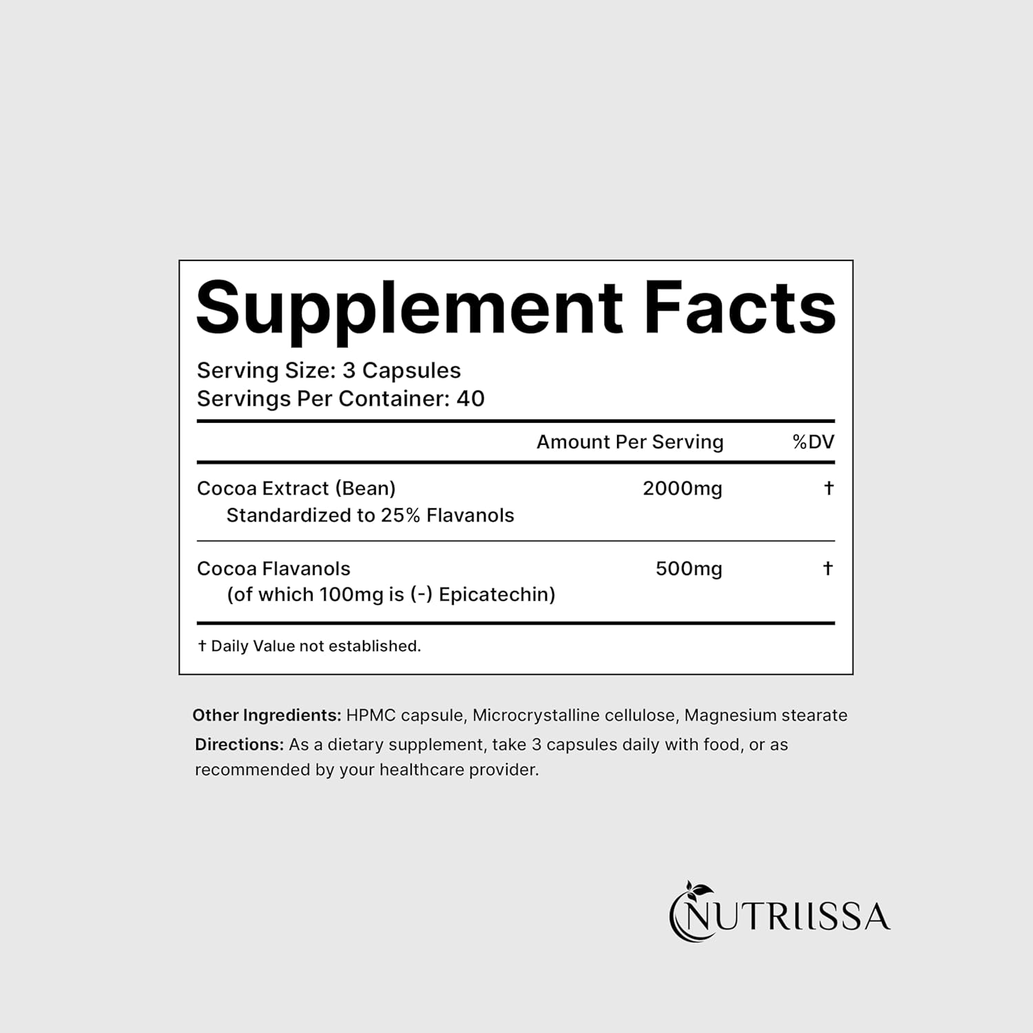 Nutriissa Cocoa Capsules 2000mg - Heart Health & Circulation Support with 500mg Cocoa Flavanols - Vegan, 120 Capsules