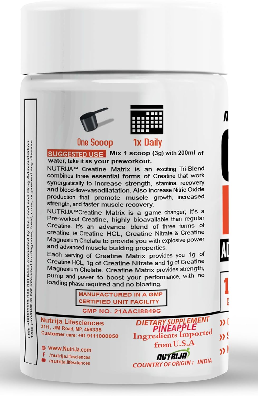 NutriJa CREATINE Matrix™ - 100g Pineapple Flavor - Creatine HCL, Nitrate, & Magnesium Chelate Blend