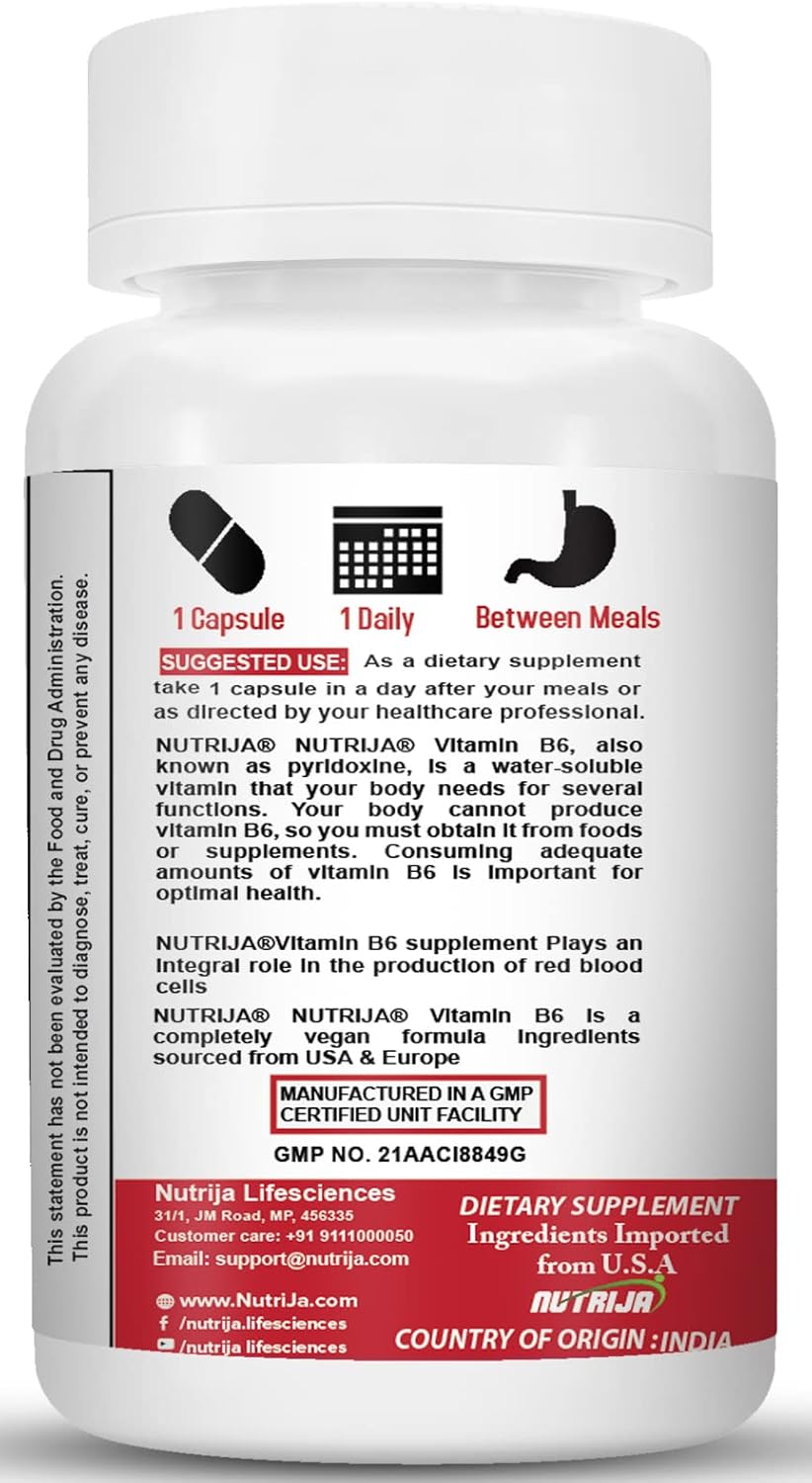 NutriJa Vitamin B6 Capsules - 60 Count Bottle for Daily Health Support