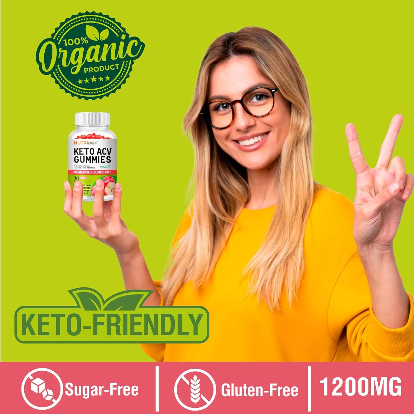 NutriKrisp Keto ACV Gummies - Sugar-Free Apple Cider Vinegar Supplement for Digestion, Hair, and Skin - Gluten-Free for Men and Women (1200MG)