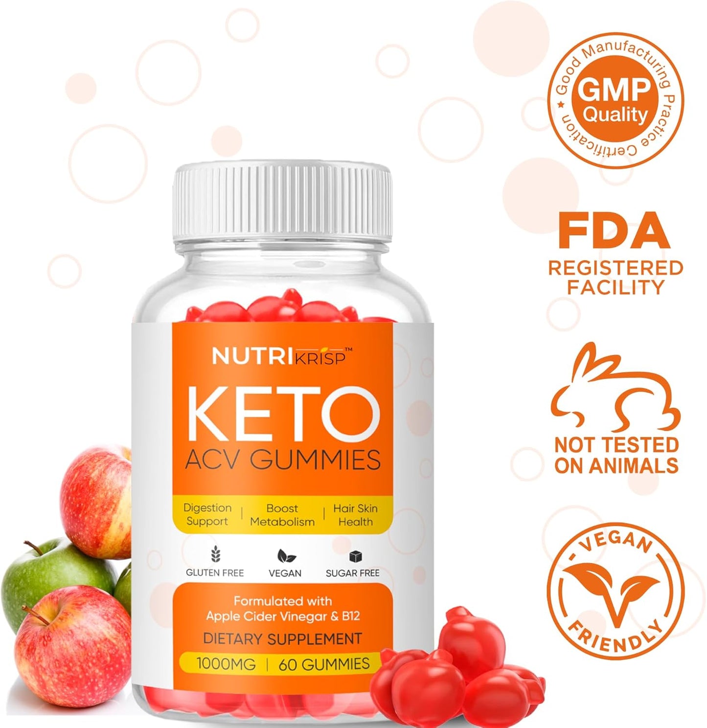 NutriKrisp Keto ACV Gummies: Sugar-Free Gluten-Free Apple Cider Vinegar Supplement (1000mg) for Men and Women