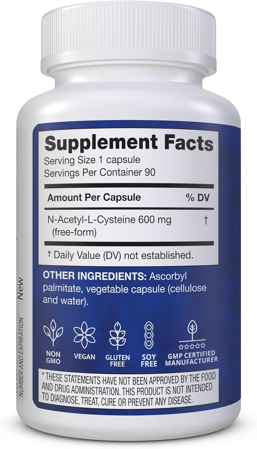 Nutrina NAC 600mg Capsules - Immune & Lung Health, Liver Support, Antioxidant - Freeform N-Acetyl-L-Cysteine - 90 Count