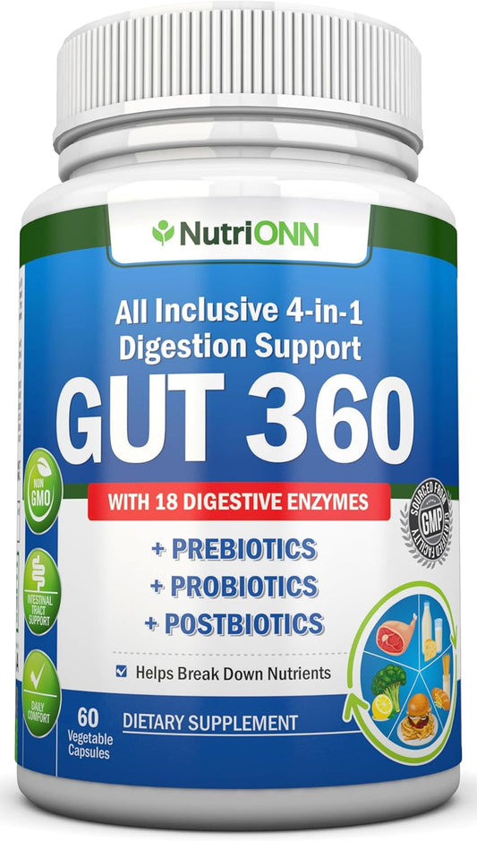 NutriONN 4-in-1 Digestive Enzymes with Probiotics, Prebiotics, and Postbiotics - Gut Health Support for Men and Women - Bloating Relief and Digestion - Non GMO, Vegan - 18 Enzymes