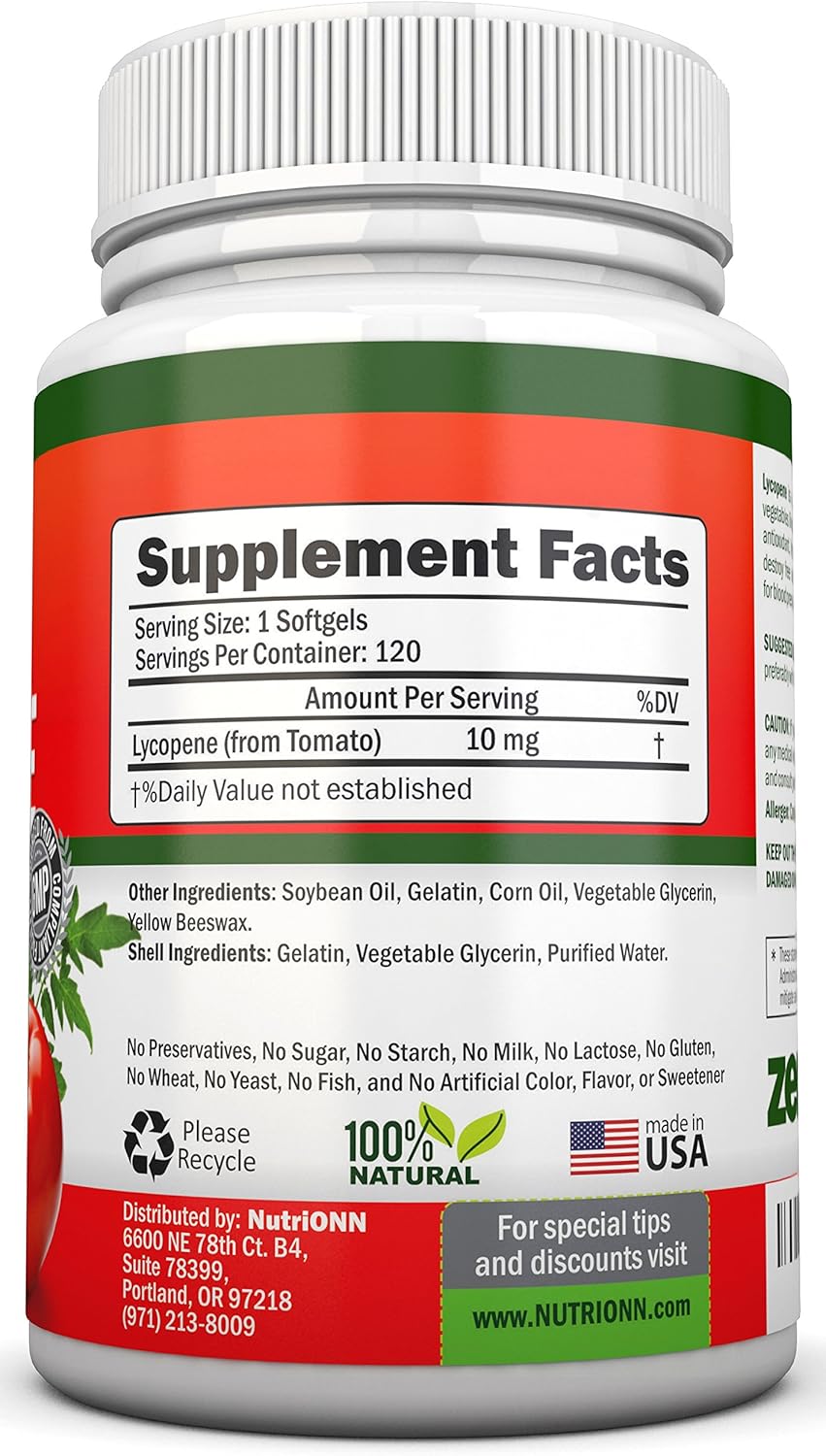 NutriONN Lycopene Softgels - 10MG - 120 Count - 3 Month Supply - Premium Antioxidant from Natural Tomatoes - Supports Prostate, Immune, Heart, and Eye Health - BoostGo Australia
