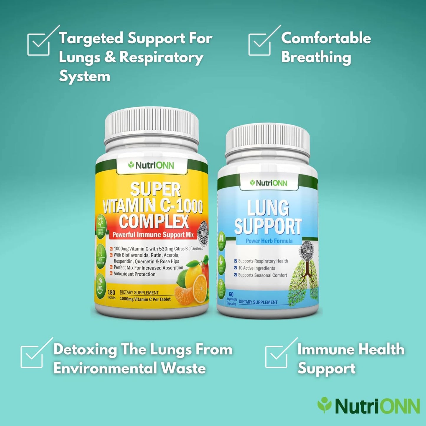 NutriONN Super Vitamin C Complex Tablets and Lung Support Capsules Combo for Enhanced Lung Health