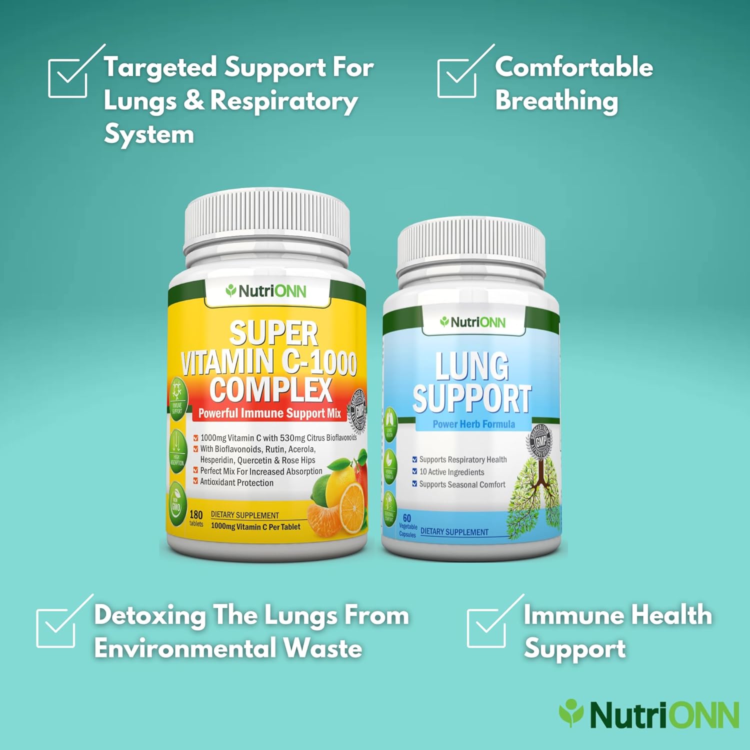 NutriONN Super Vitamin C Complex Tablets and Lung Support Capsules Combo for Enhanced Lung Health