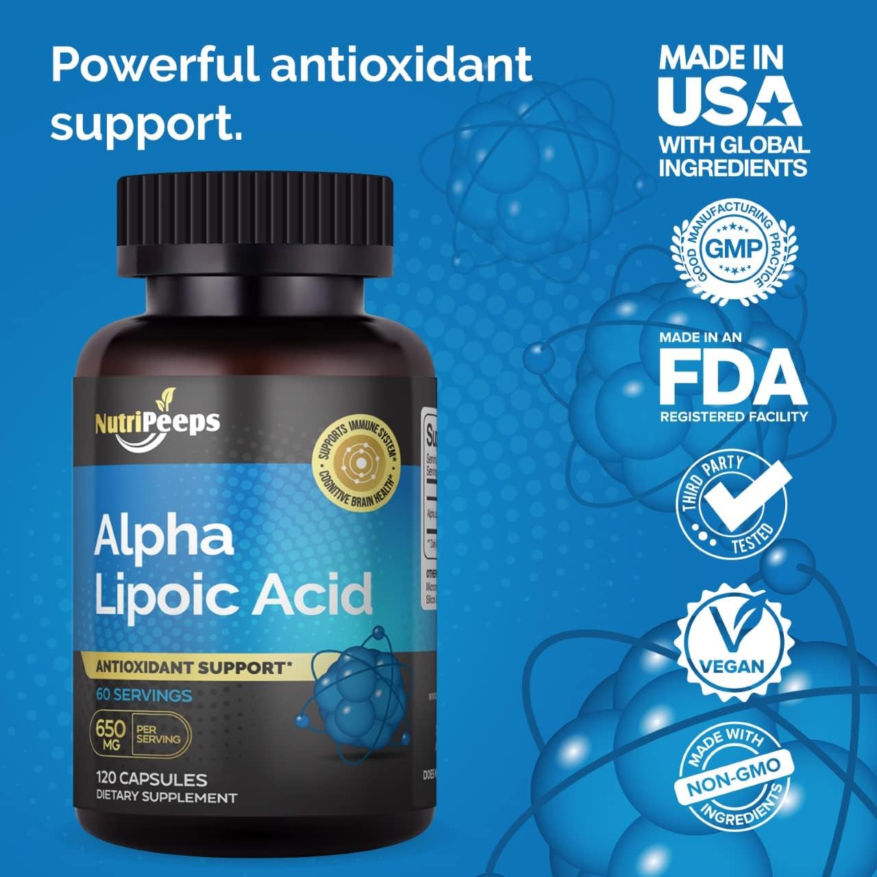 NutriPeeps Alpha Lipoic Acid Supplement - 650mg, 120 Capsules - Non-GMO Antioxidant for Immune & Cognitive Health