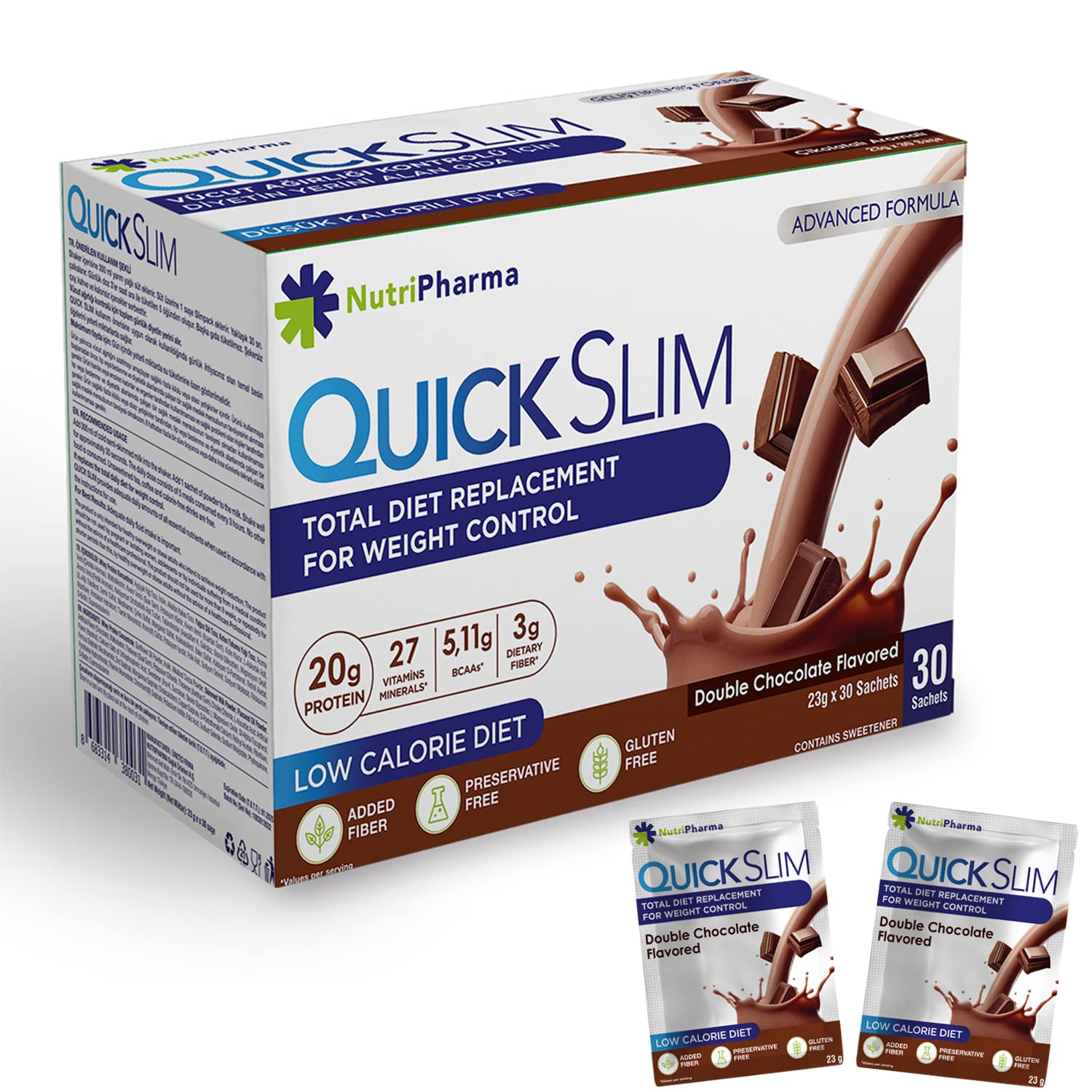 NUTRIPHARMA Quick Slim Meal Replacement Shake - Double Chocolate Flavor, 30 Servings, 20g Protein, 27 Vitamins & Minerals, High Fiber, Low Carb, Gluten-Free