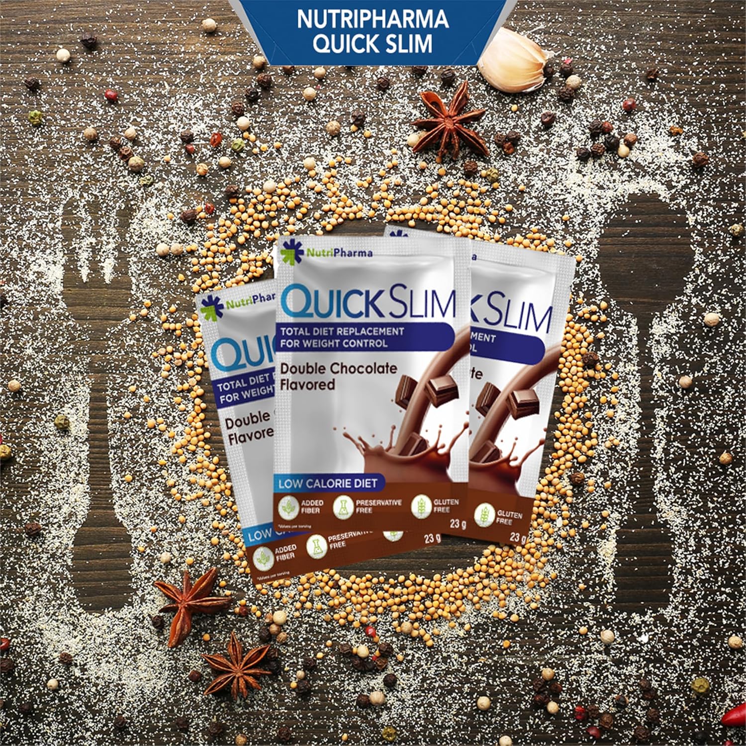 NUTRIPHARMA Quick Slim Meal Replacement Shake - Double Chocolate Flavor, 30 Servings, 20g Protein, 27 Vitamins & Minerals, High Fiber, Low Carb, Gluten-Free
