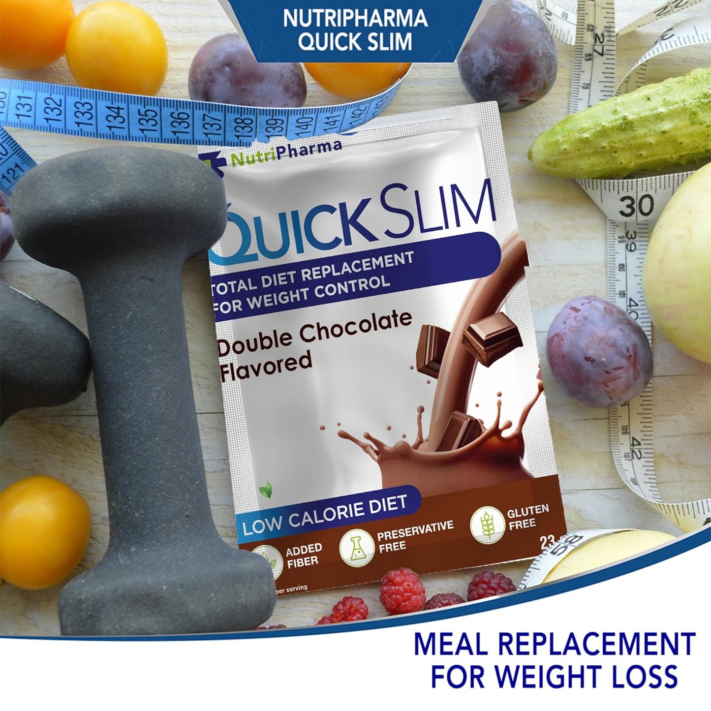 NUTRIPHARMA Quick Slim Meal Replacement Shake - Double Chocolate Flavor, 30 Servings, 20g Protein, 27 Vitamins & Minerals, High Fiber, Low Carb, Gluten-Free