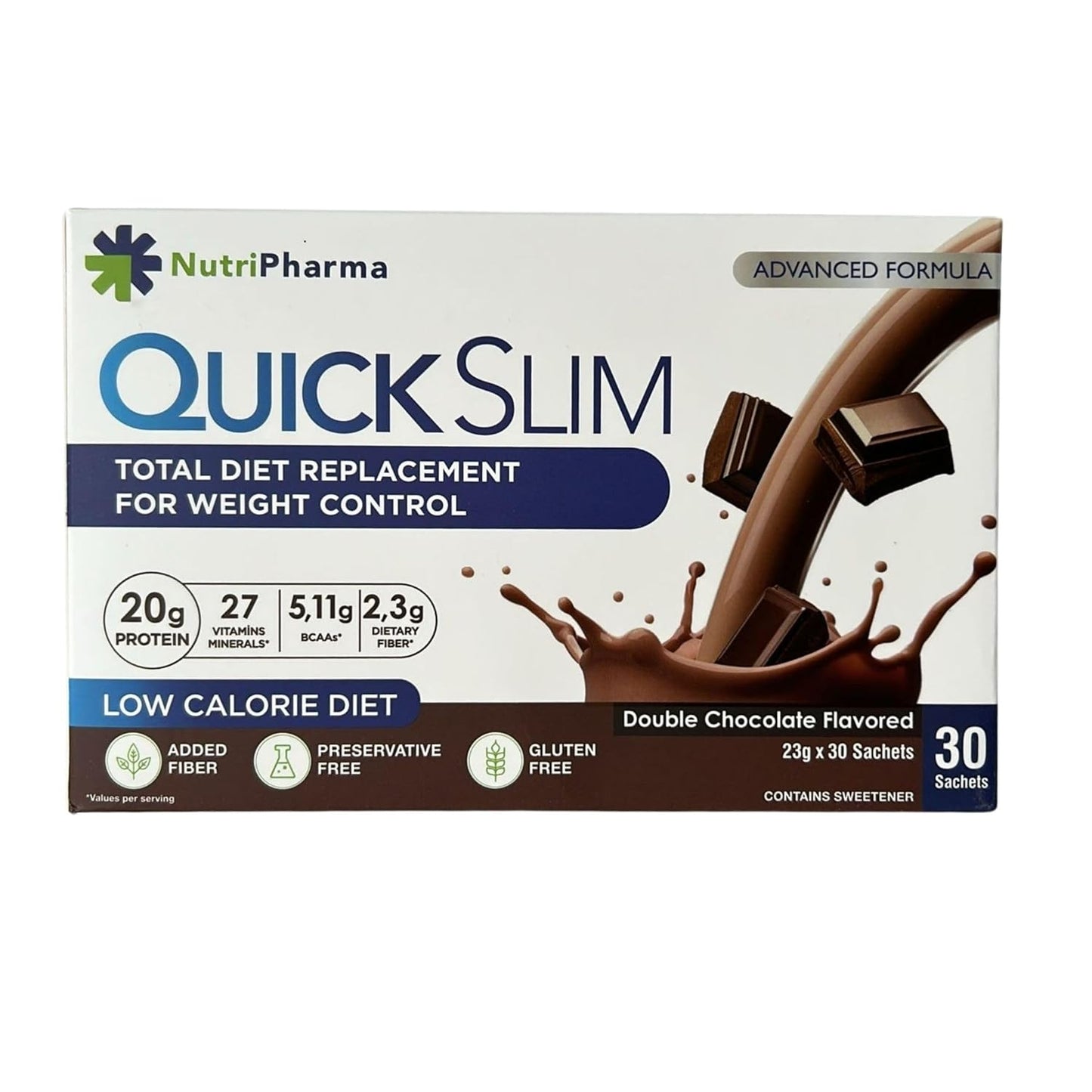 NUTRIPHARMA Quick Slim Meal Replacement Shake - Double Chocolate Flavor, 30 Servings, 20g Protein, 27 Vitamins & Minerals, High Fiber, Low Carb, Gluten-Free
