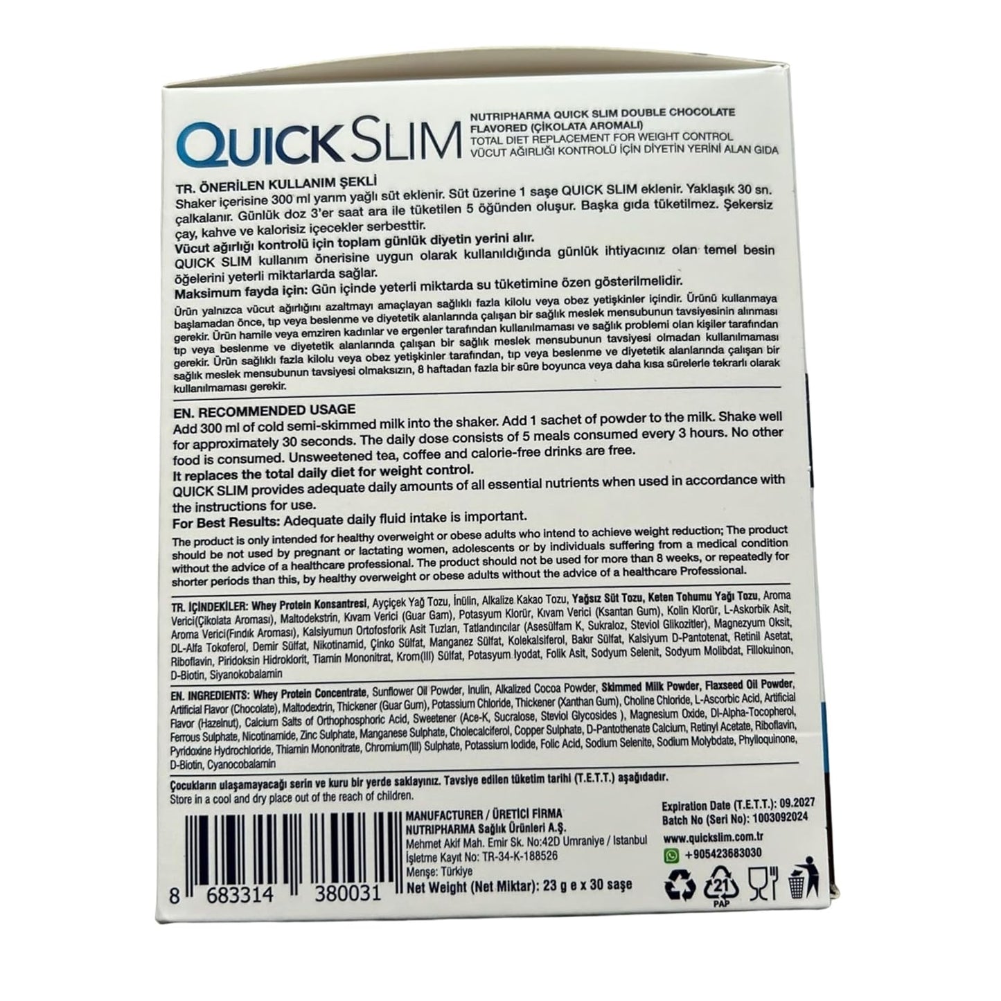 NUTRIPHARMA Quick Slim Meal Replacement Shake - Double Chocolate Flavor, 30 Servings, 20g Protein, 27 Vitamins & Minerals, High Fiber, Low Carb, Gluten-Free