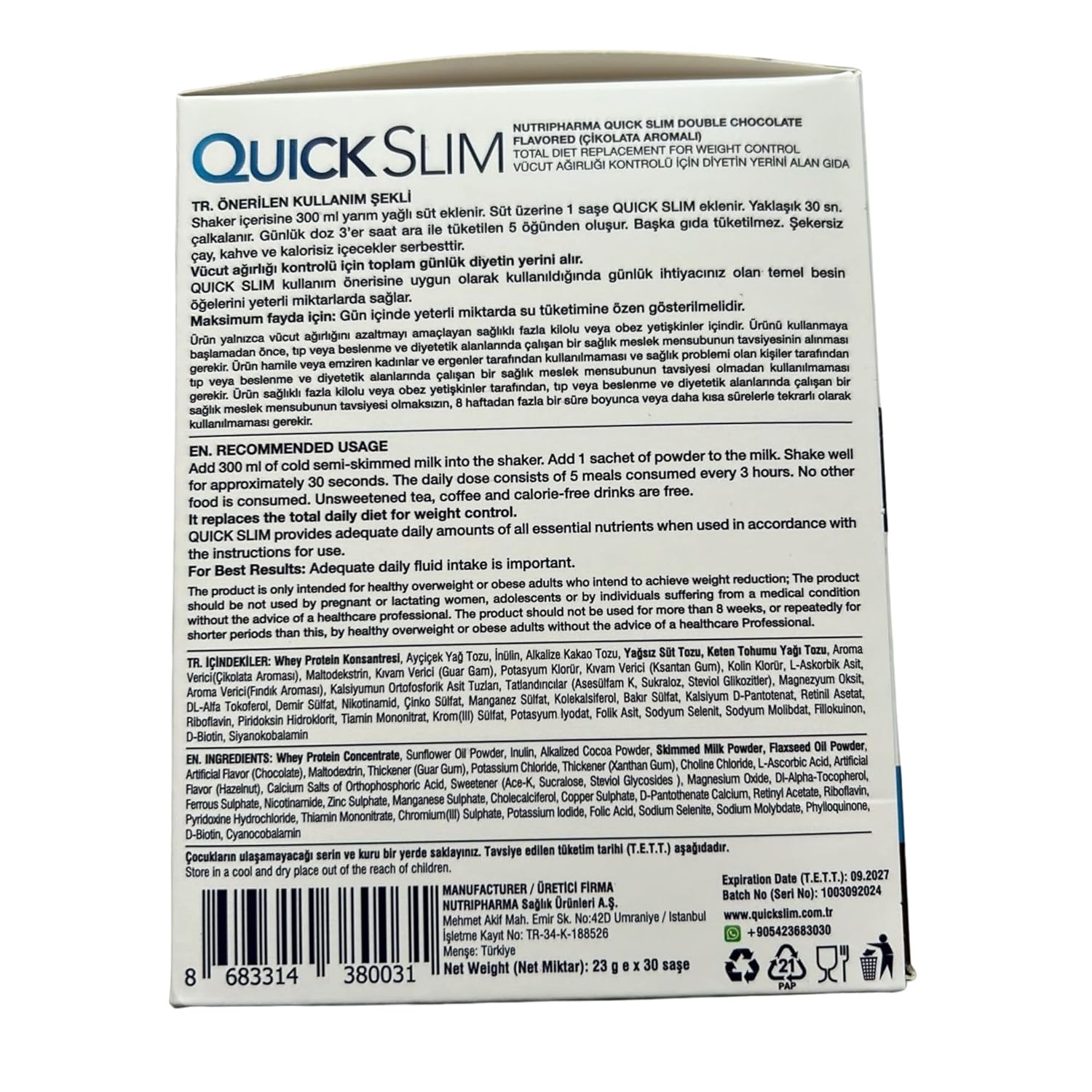 NUTRIPHARMA Quick Slim Meal Replacement Shake - Double Chocolate Flavor, 30 Servings, 20g Protein, 27 Vitamins & Minerals, High Fiber, Low Carb, Gluten-Free