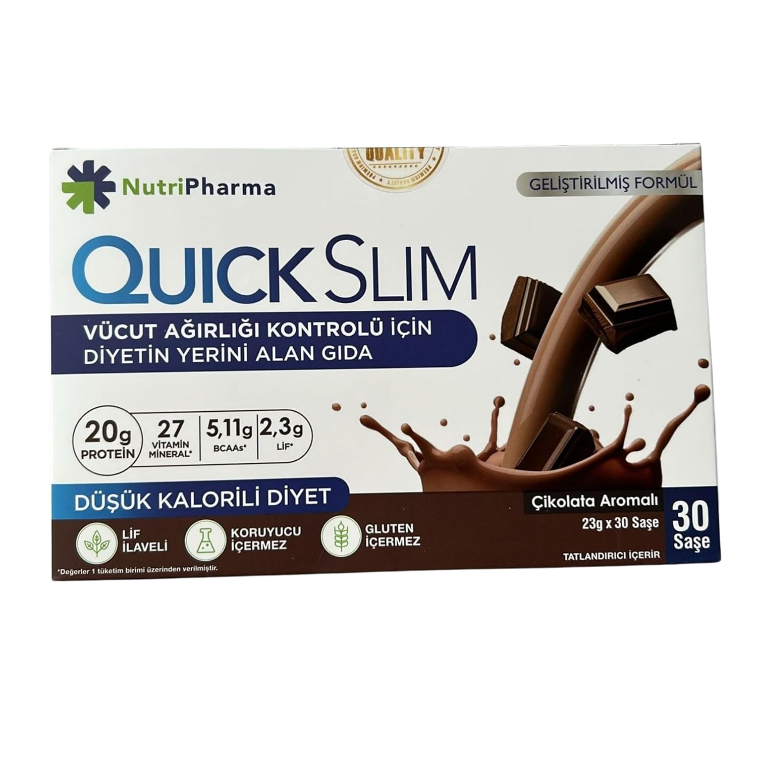 NUTRIPHARMA Quick Slim Meal Replacement Shake - Double Chocolate Flavor, 30 Servings, 20g Protein, 27 Vitamins & Minerals, High Fiber, Low Carb, Gluten-Free