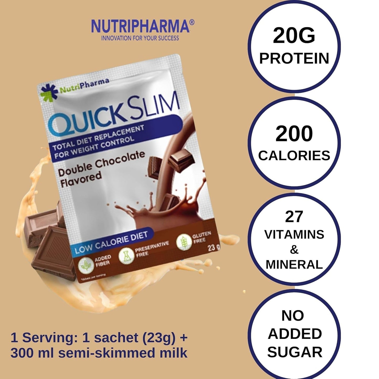 NUTRIPHARMA Quick Slim Meal Replacement Shake - Double Chocolate Flavor, 30 Servings, 20g Protein, 27 Vitamins & Minerals, High Fiber, Low Carb, Gluten-Free