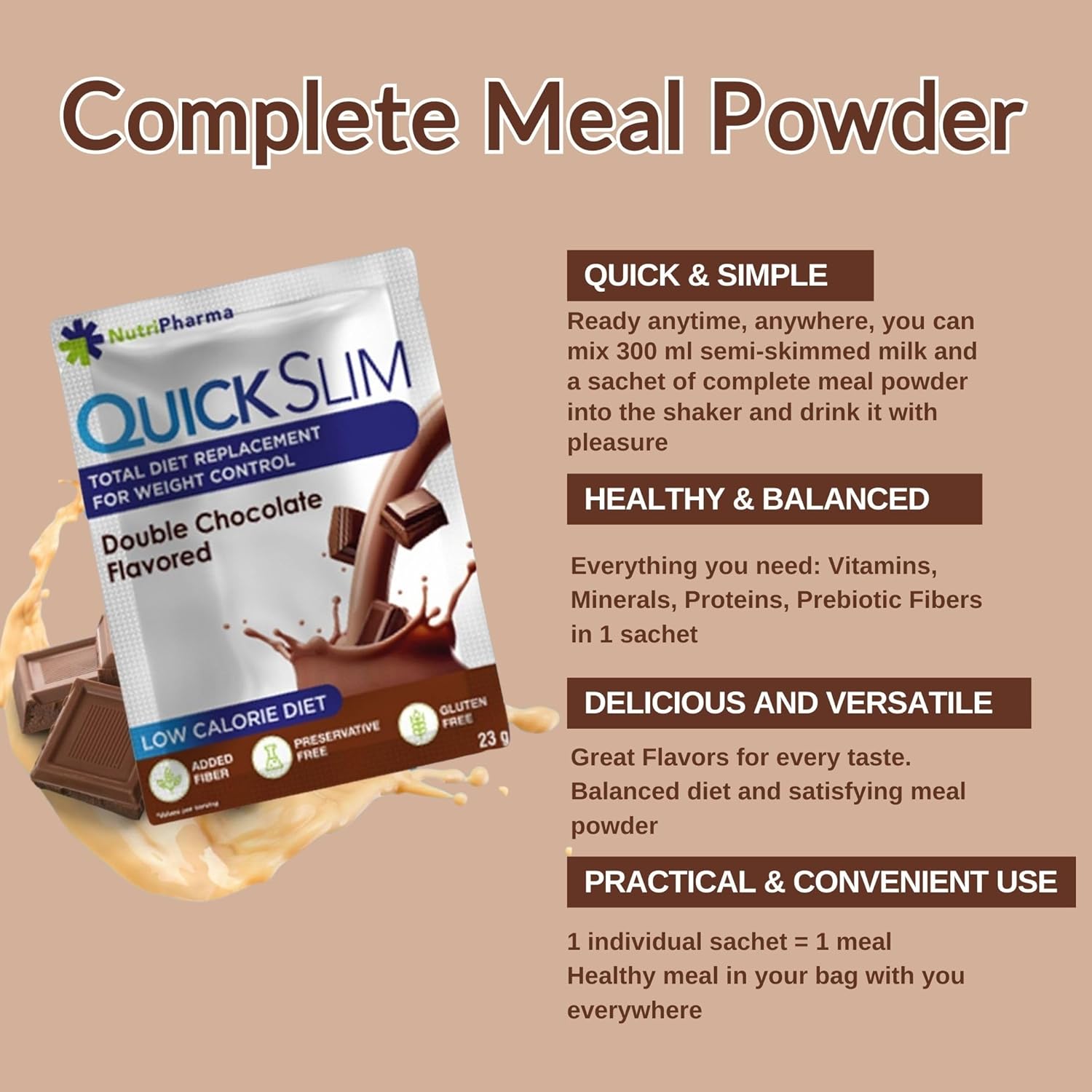 NUTRIPHARMA Quick Slim Meal Replacement Shake - Double Chocolate Flavor, 30 Servings, 20g Protein, 27 Vitamins & Minerals, High Fiber, Low Carb, Gluten-Free