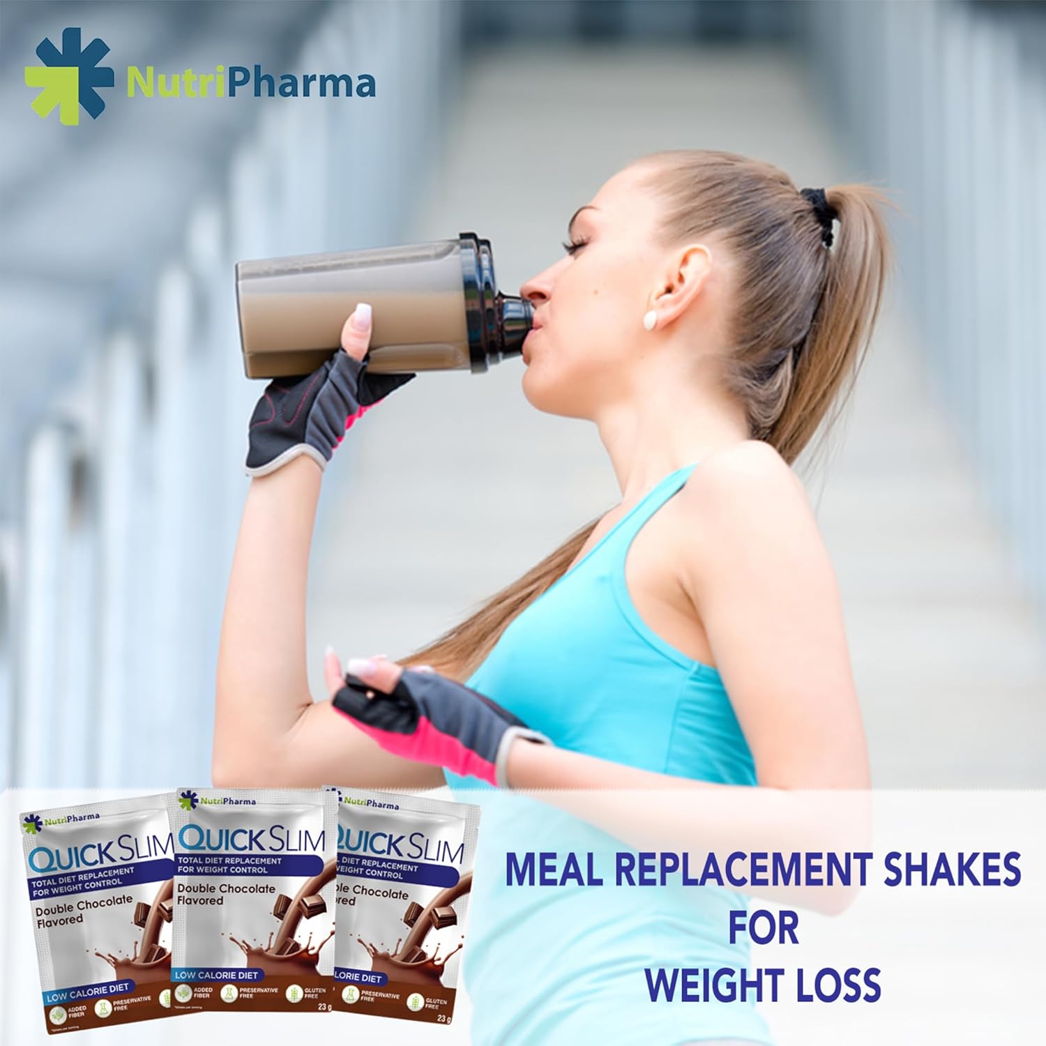 NUTRIPHARMA Quick Slim Meal Replacement Shake - Double Chocolate Flavor, 30 Servings, 20g Protein, 27 Vitamins & Minerals, High Fiber, Low Carb, Gluten-Free
