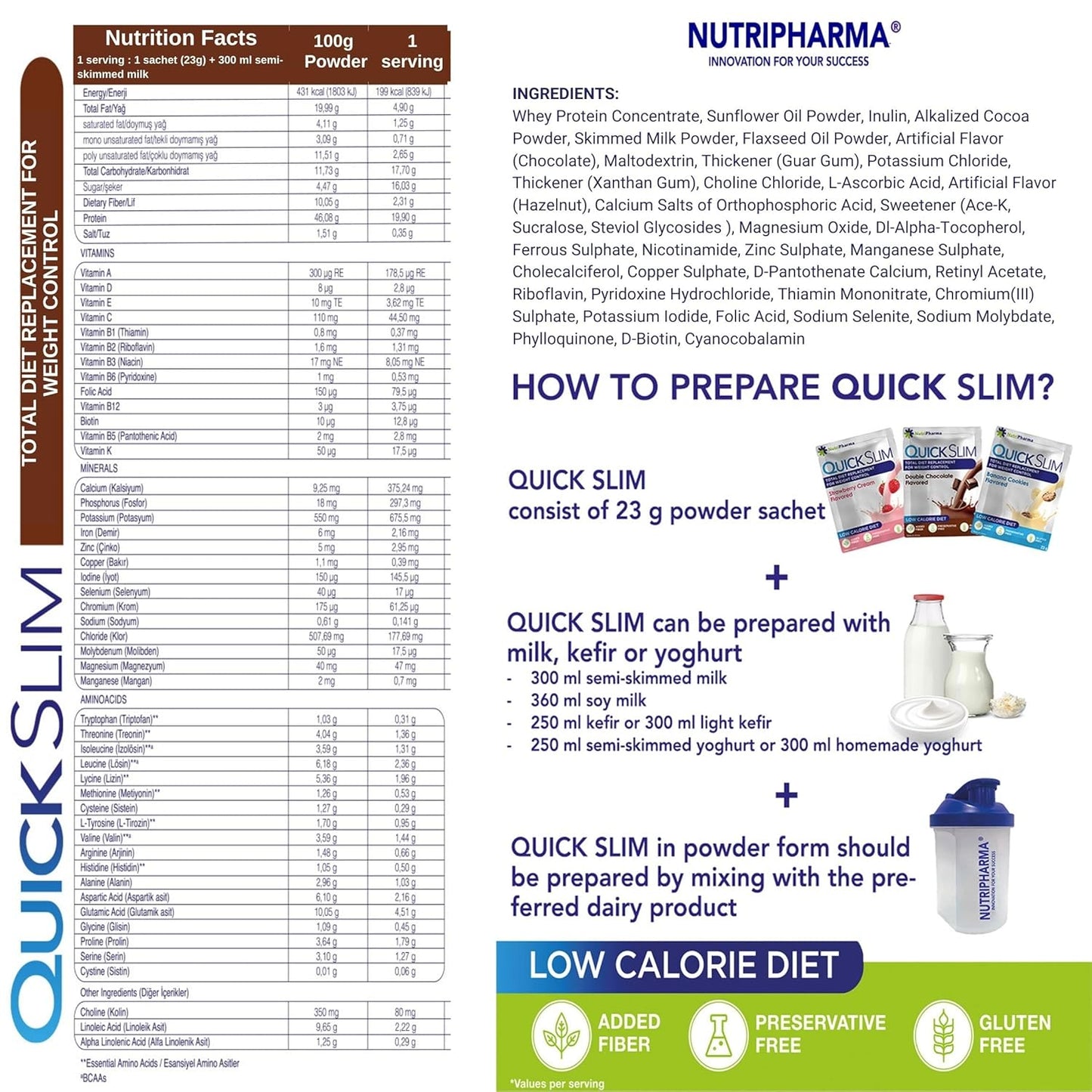 NUTRIPHARMA Quick Slim Meal Replacement Shake - Double Chocolate Flavor, 30 Servings, 20g Protein, 27 Vitamins & Minerals, High Fiber, Low Carb, Gluten-Free