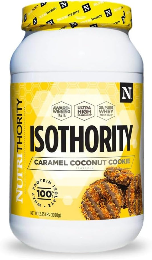 Nutrithority Isothority Whey Protein Isolate, Caramel Coconut Cookie, 2 lb - High Absorption BCAA Powder, 25g Protein Per Serving - Muscle Building & Recovery Accelerator