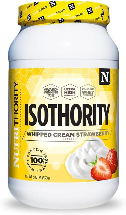 Nutrithority Isothority Whey Protein Isolate, Whipped Cream Strawberry, 2 lb - High Absorption BCAA Powder for Muscle Growth & Recovery - 25g Protein/serving, Low Carb