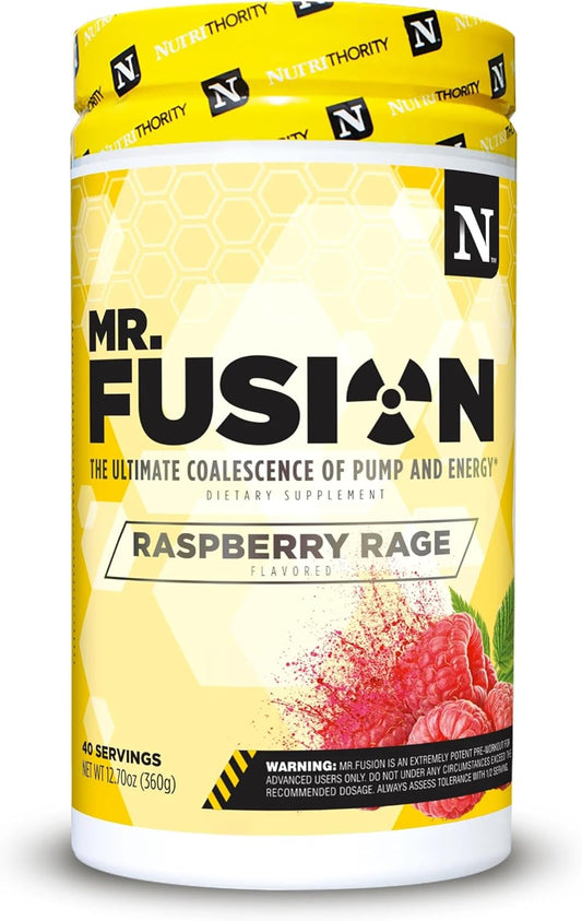 Nutrithority Mr.Fusion Raspberry Rage Pre Workout Supplement - 40 Servings, Intense Focus & Pump, Nitric Oxide Booster, No Crash - Energy Powder for Strength & Gains