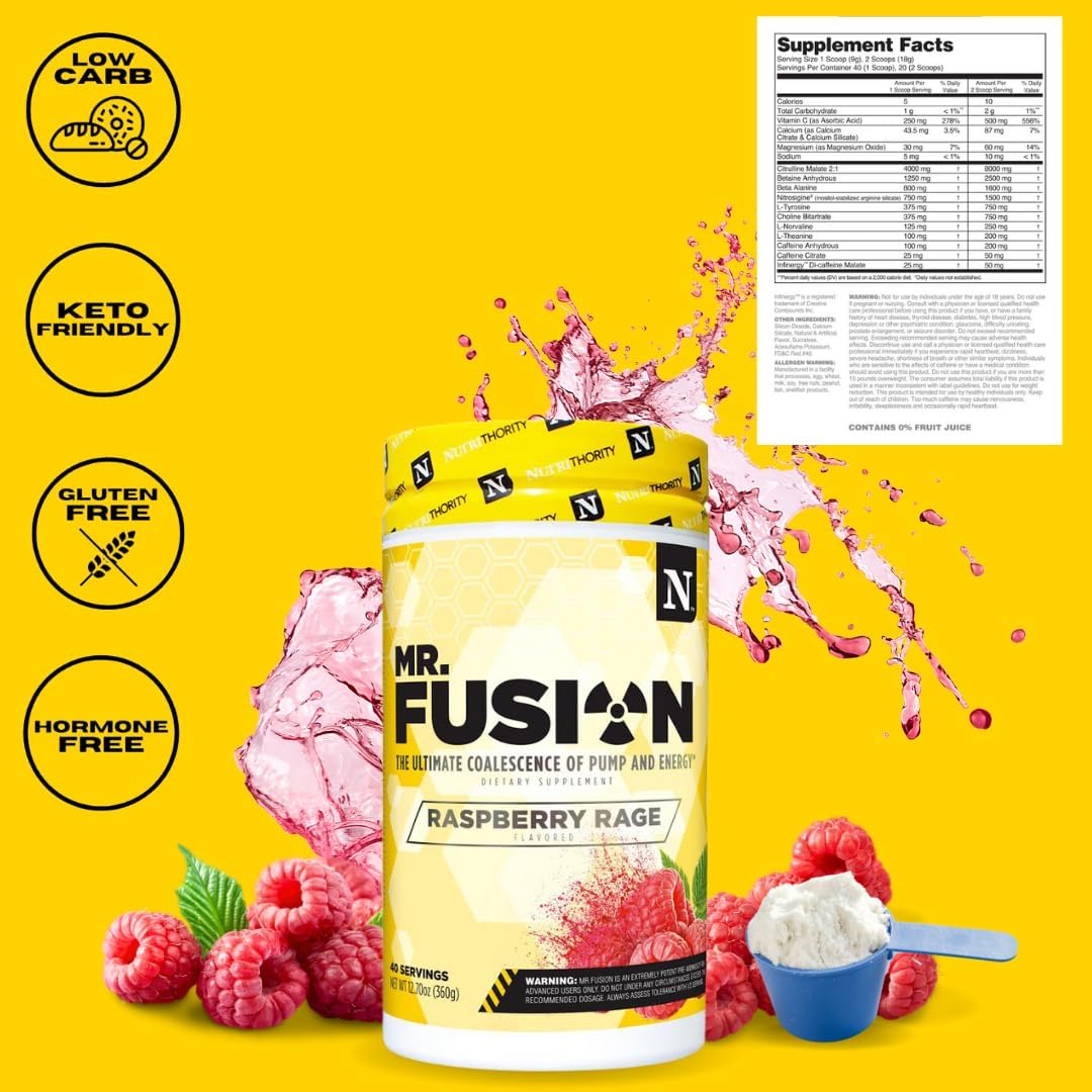 Nutrithority Mr.Fusion Raspberry Rage Pre Workout Supplement - 40 Servings, Intense Focus & Pump, Nitric Oxide Booster, No Crash - Energy Powder for Strength & Gains