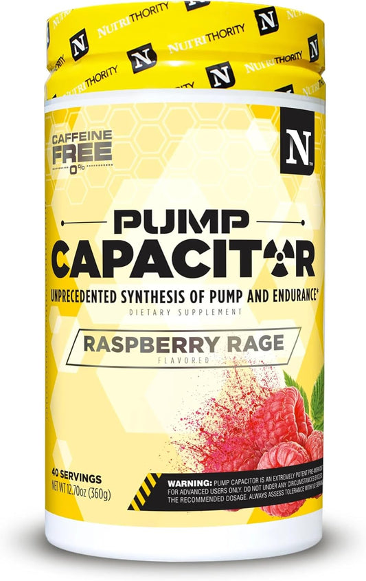 Nutrithority Raspberry Rage Pump Capacitor: Non-Stimulant Sugar-Free Pre Workout - Nitric Oxide Booster for Men & Women - 40 Servings