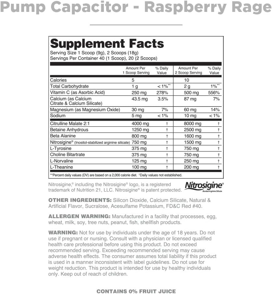 Nutrithority Raspberry Rage Pump Capacitor: Non-Stimulant Sugar-Free Pre Workout - Nitric Oxide Booster for Men & Women - 40 Servings