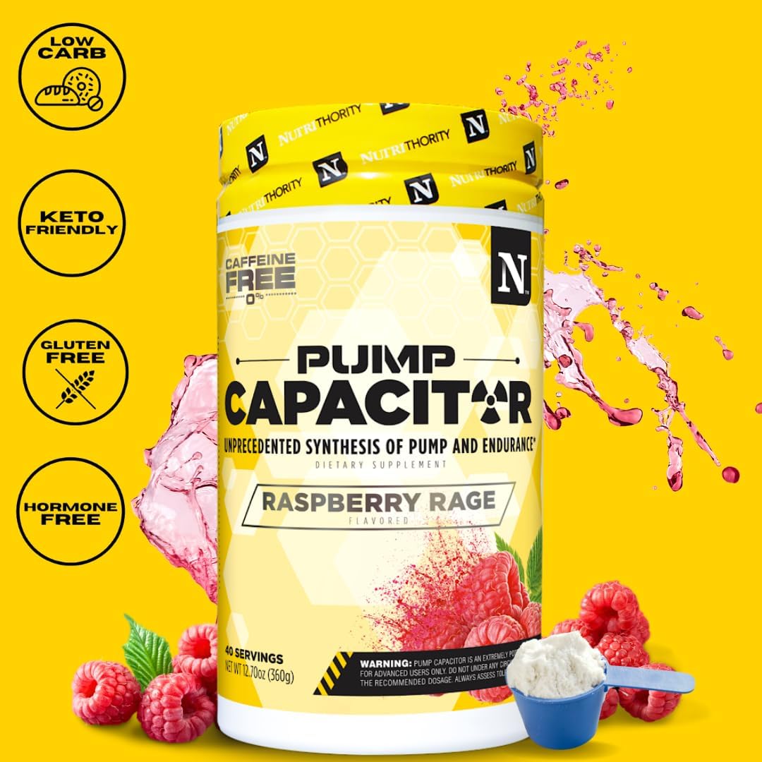 Nutrithority Raspberry Rage Pump Capacitor: Non-Stimulant Sugar-Free Pre Workout - Nitric Oxide Booster for Men & Women - 40 Servings