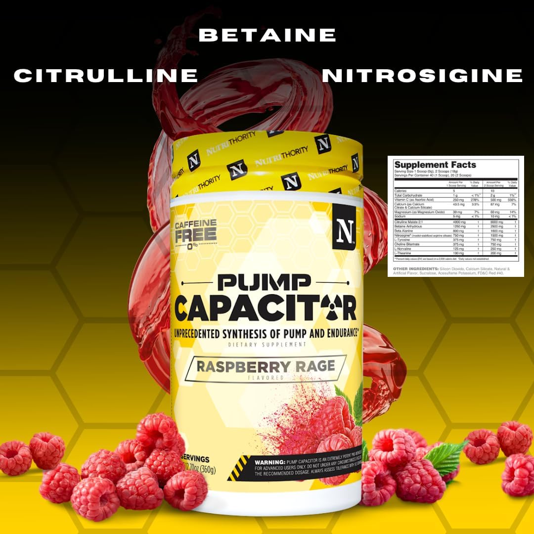 Nutrithority Raspberry Rage Pump Capacitor: Non-Stimulant Sugar-Free Pre Workout - Nitric Oxide Booster for Men & Women - 40 Servings