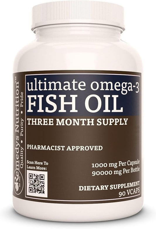 Nutrition Remedy Ultimate Omega-3 Fish Oil Softgels - 1,000mg | 90 Capsules, 3 Month Supply | EPA, DHA, GLA, ALA, & LA Fatty Acids