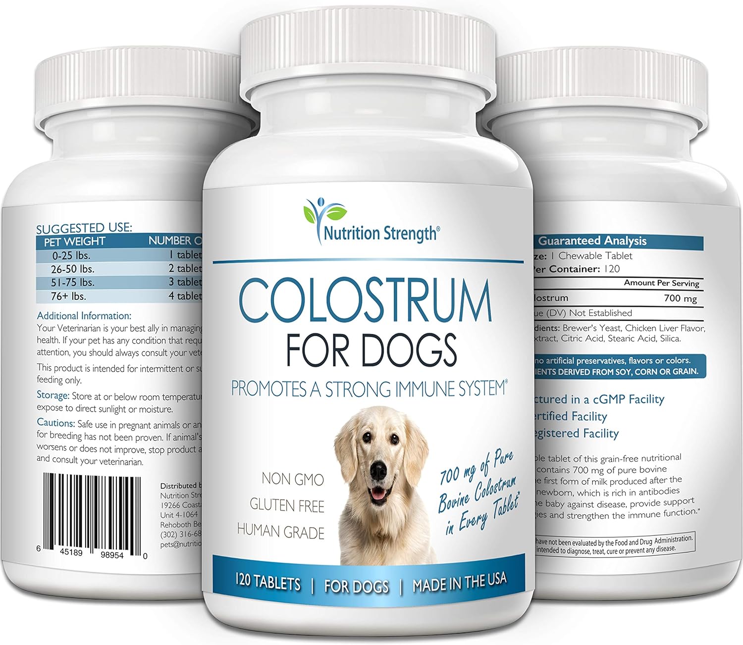 Nutrition Strength Bovine Colostrum Supplement for Dogs, Boosts Immune Function and Digestive Health, 120 Chewable Tablets