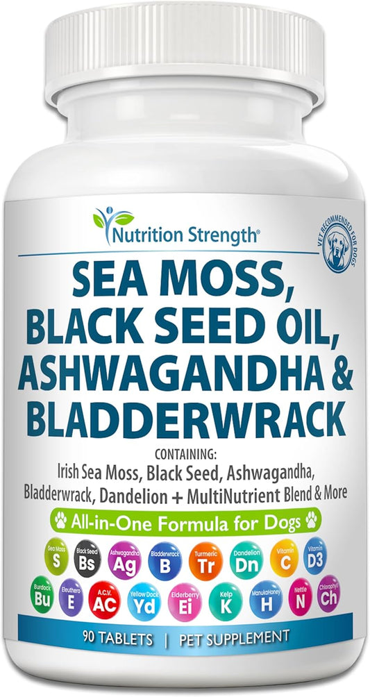 Nutrition Strength Sea Moss for Dogs with Black Seed Oil, Ashwagandha, Turmeric, Bladderwrack, Dandelion, Vitamins C & D3, Elderberry, Manuka, and Yellow Dock - 90 Tablets