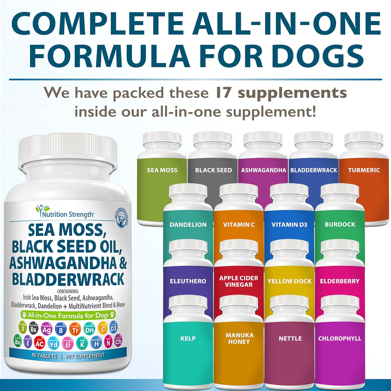 Nutrition Strength Sea Moss for Dogs with Black Seed Oil, Ashwagandha, Turmeric, Bladderwrack, Dandelion, Vitamins C & D3, Elderberry, Manuka, and Yellow Dock - 90 Tablets