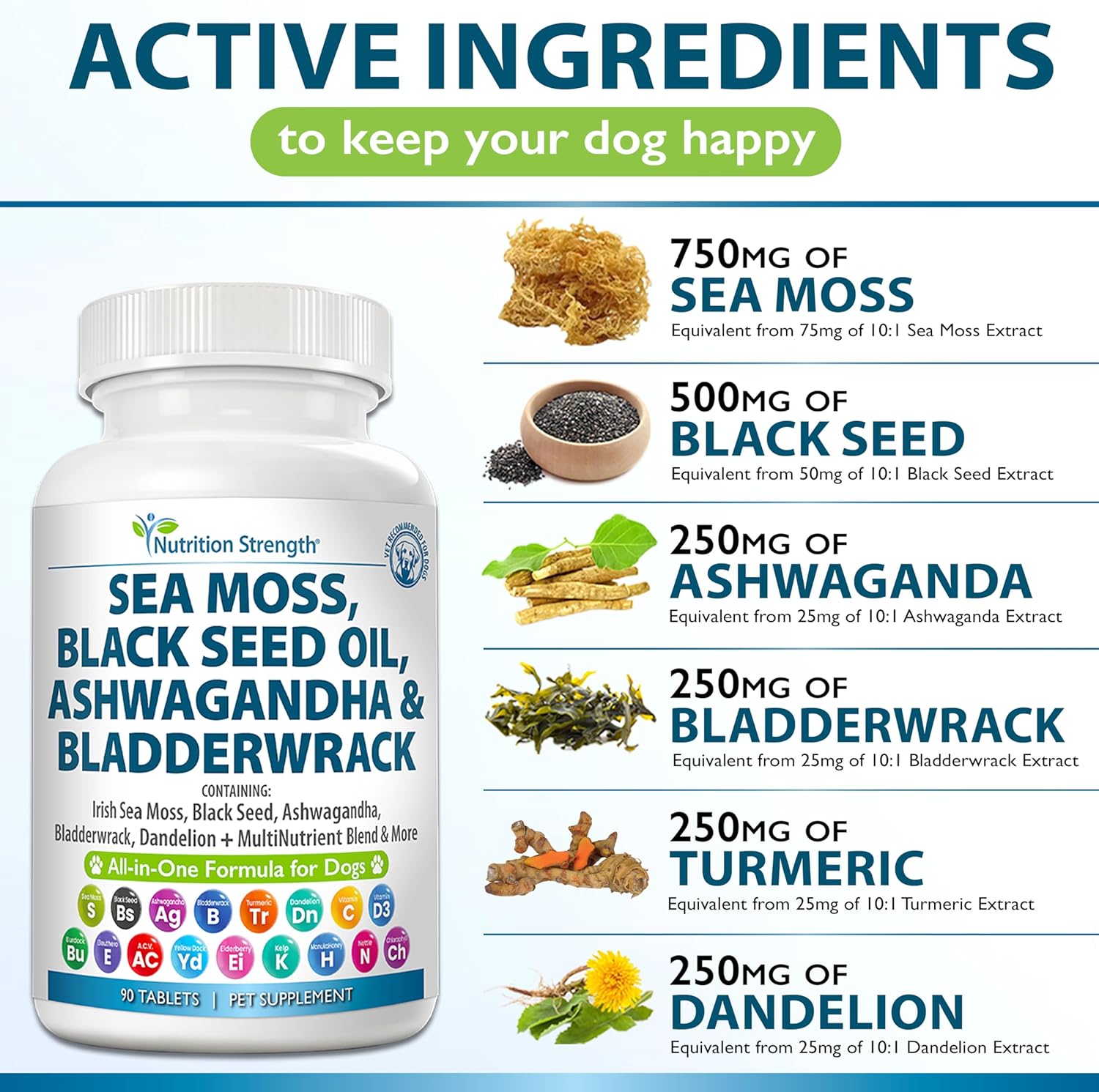 Nutrition Strength Sea Moss for Dogs with Black Seed Oil, Ashwagandha, Turmeric, Bladderwrack, Dandelion, Vitamins C & D3, Elderberry, Manuka, and Yellow Dock - 90 Tablets