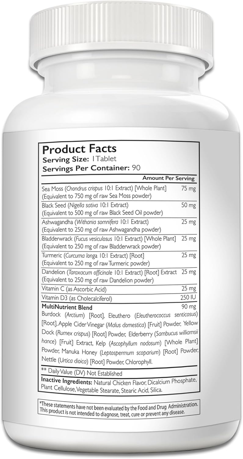 Nutrition Strength Sea Moss for Dogs with Black Seed Oil, Ashwagandha, Turmeric, Bladderwrack, Dandelion, Vitamins C & D3, Elderberry, Manuka, and Yellow Dock - 90 Tablets