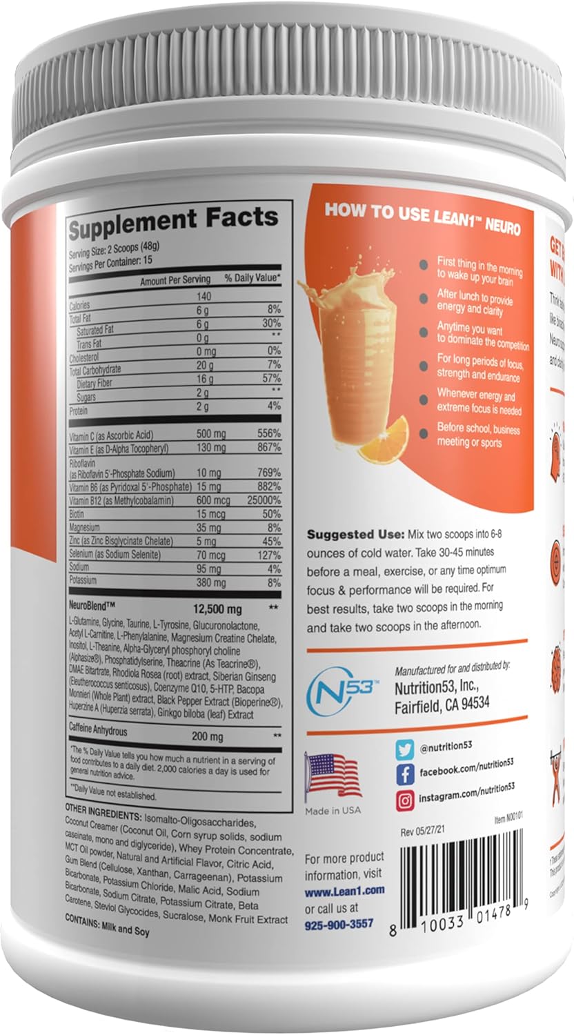 Nutrition53 Lean1 Neuro Orange Mental Energy Powder Drink - 15 Servings