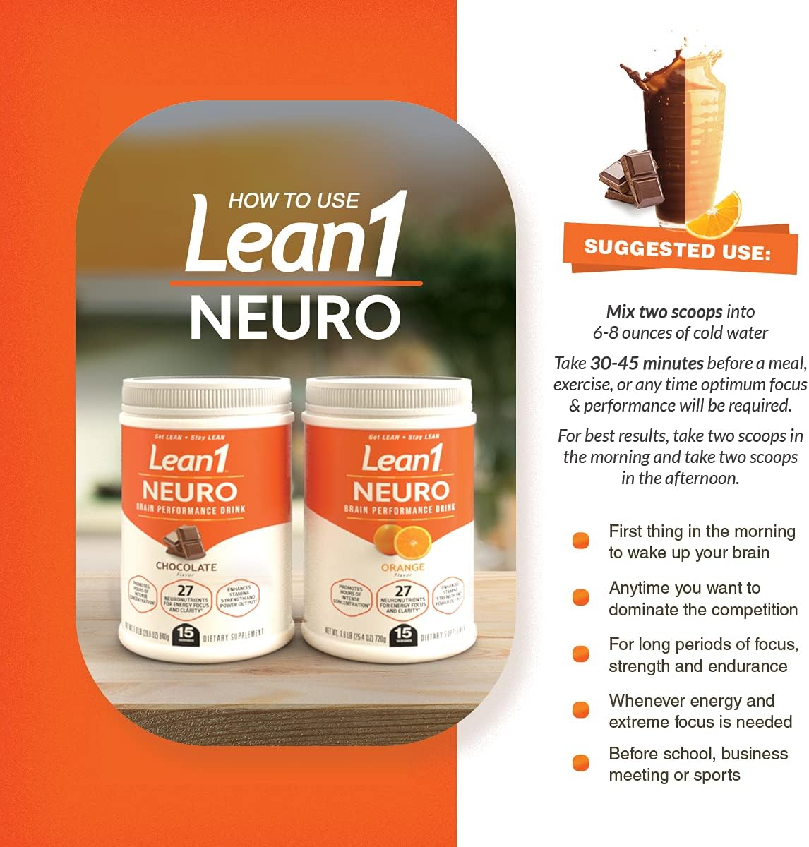 Nutrition53 Lean1 Neuro Orange Mental Energy Powder Drink - 15 Servings